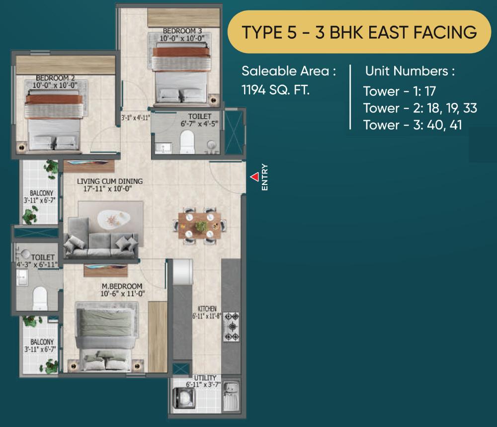 3 BHK + 3T Floor Plan